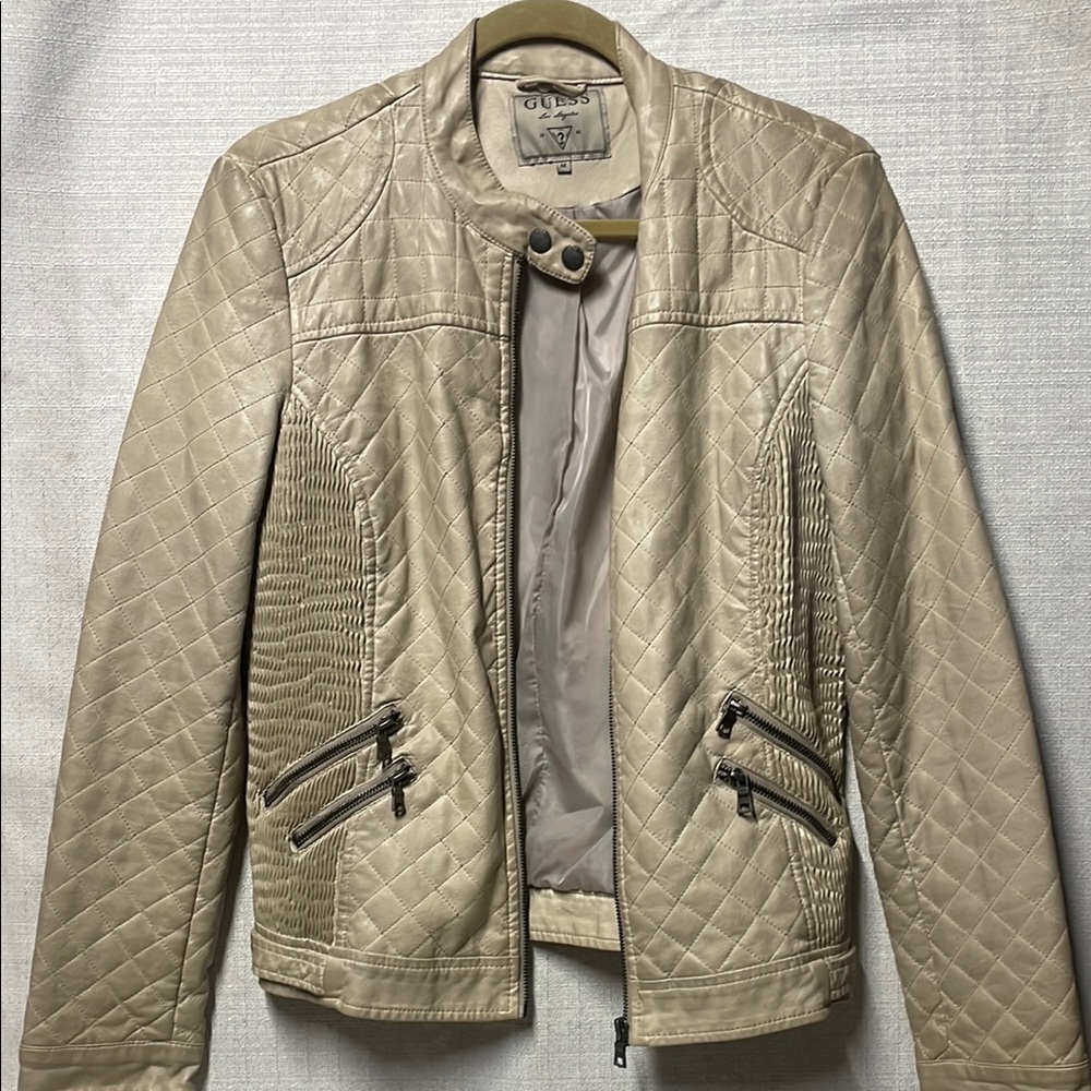 Guess Tan Leather Jacket with Quilted Moto Style